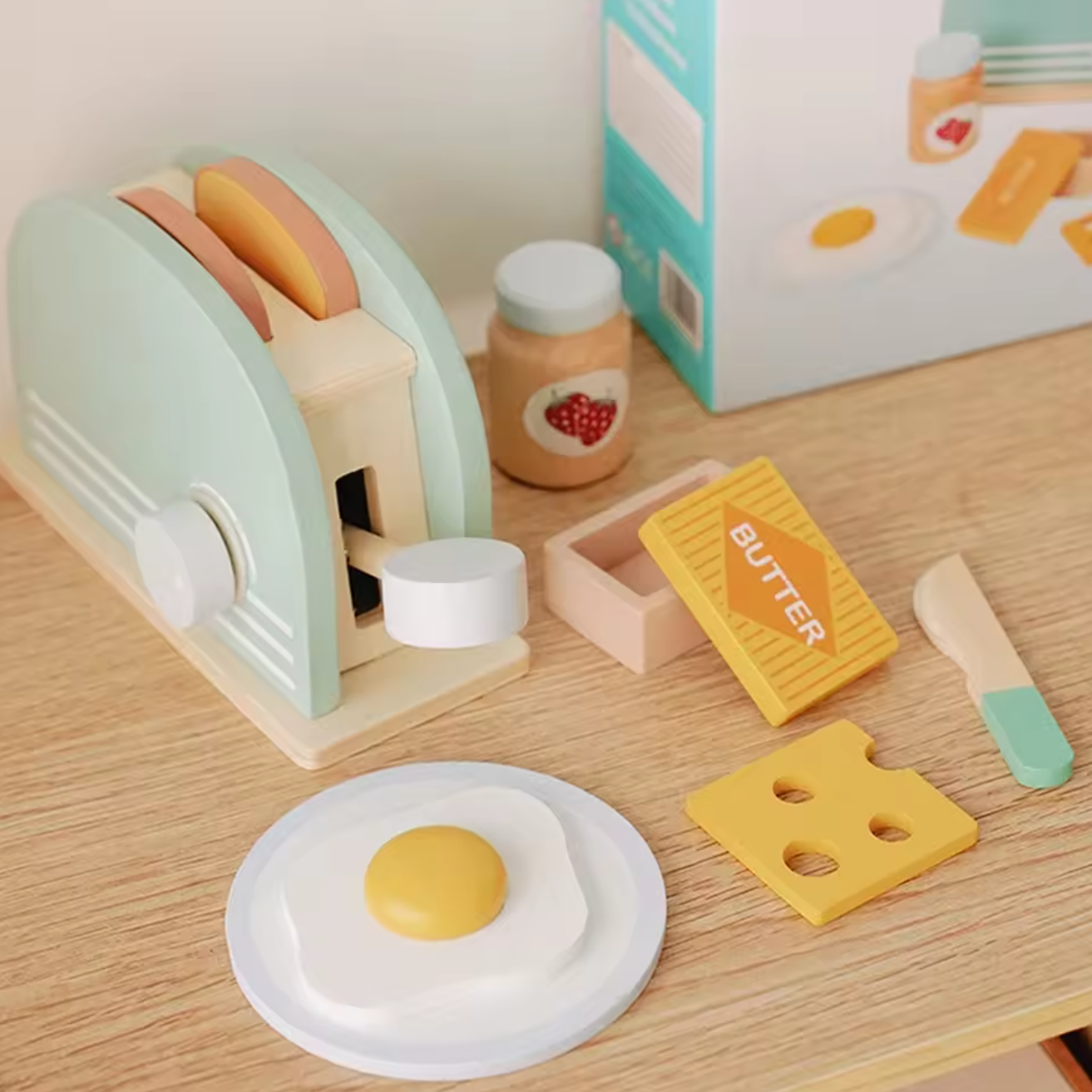Hrací sada dřevěného toustovače Toast & Table se snídaňovými doplňky pro děti