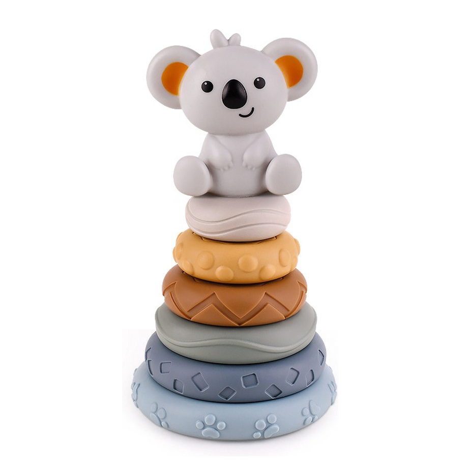 Siliconen stapeltoren met zes flexibel gekleurde ringen en een schattige koala bovenop