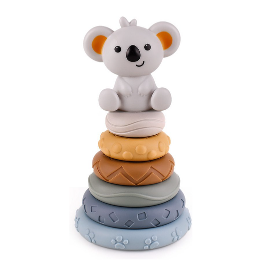 Siliconen stapeltoren met zes flexibel gekleurde ringen en een schattige koala bovenop