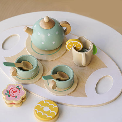 Houten theeset speelgoed met theepot, kopjes, lepeltjes en dienblad