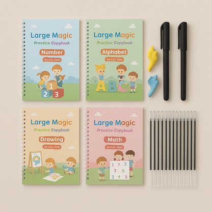LetterLuxe playful writing book for children with 4 exercise books, pens and pen holder