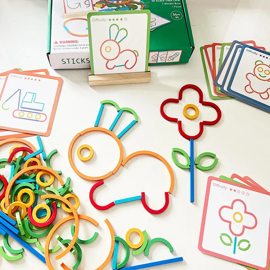 ShapeSpin wooden shape puzzle with sticks and rings for children